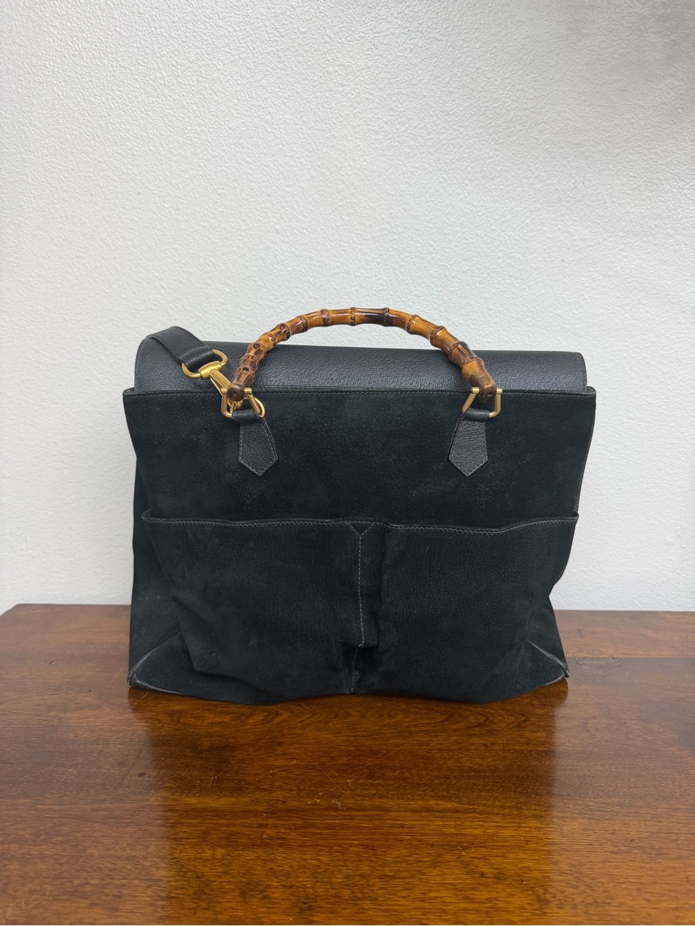 GUCCI Bamboo Handle Suede Handbag Black Vintage Top Handle Shoulder Bag